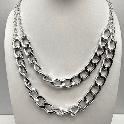 Vintage 90s Silver Tone Double Layer Curb Chain Necklace & Pearl Earrings Set