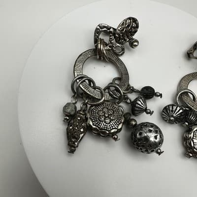 Vintage 90s Birch Hill Silver Tone Multi Charm Dangle Earrings Statement Jewelry - Thumbnail 3
