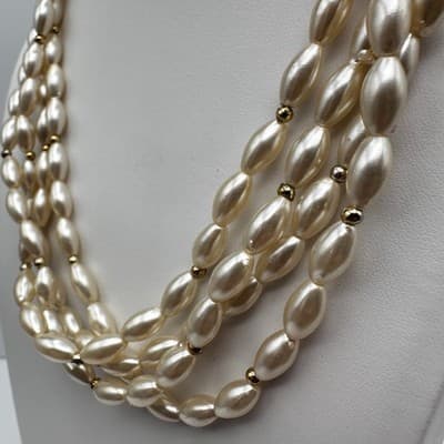 Vintage 80s Cream Faux Pearl Multi Strand Necklace Gold Tone Women's Jewelry Y2K - Thumbnail 6