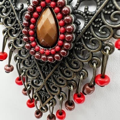 Vintage 90s Bronze Filigree Pendant Beads Necklace Rhinestone Women's Jewelry - Thumbnail 8