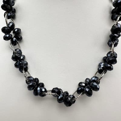 Vintage 90s Black Floral Beaded Necklace Cluster Silver Tone Women's Jewelry 90s - Thumbnail 2