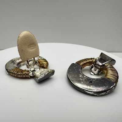 Vintage 80s Two Tone Door Knocker Clip On Earrings Wire Wrapped Women's Jewelry - Thumbnail 8