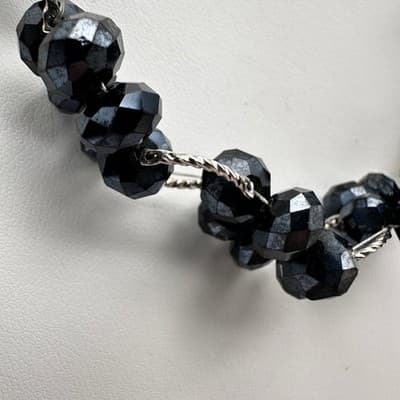 Vintage 90s Black Floral Beaded Necklace Cluster Silver Tone Women's Jewelry 90s - Thumbnail 5