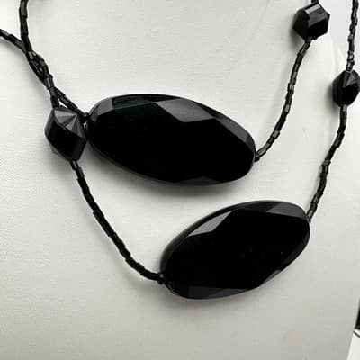 Vintage 90s Black Faceted Beaded Necklace Multi Strand Silver Tone Jewelry Boho - Thumbnail 2