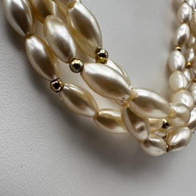 Vintage 80s Cream Faux Pearl Multi Strand Necklace Gold Tone Women's Jewelry Y2K - Thumbnail 3