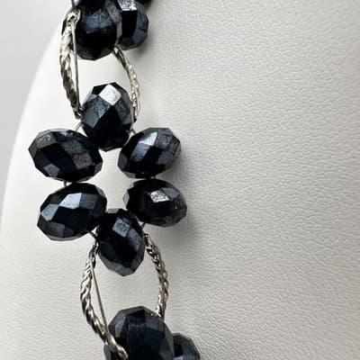 Vintage 90s Black Floral Beaded Necklace Cluster Silver Tone Women's Jewelry 90s - Thumbnail 7