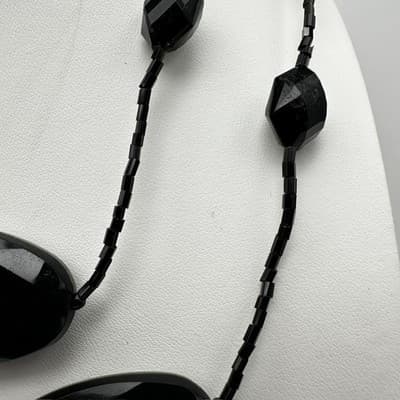 Vintage 90s Black Faceted Beaded Necklace Multi Strand Silver Tone Jewelry Boho - Thumbnail 6