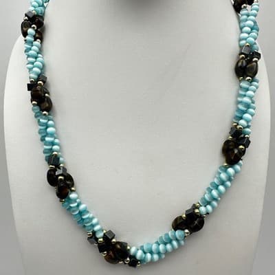 Vintage 90s Aqua Frosted Glass Beaded Layered Necklace Silver Tone Jewelry Boho - Thumbnail 9
