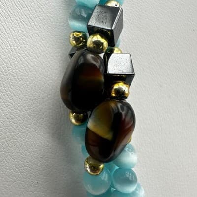 Vintage 90s Aqua Frosted Glass Beaded Layered Necklace Silver Tone Jewelry Boho - Thumbnail 4