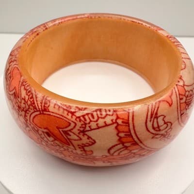 Vintage 90s Paisley Decoupage Wooden Bangle Bracelet Wide Statement Jewelry - Thumbnail 5