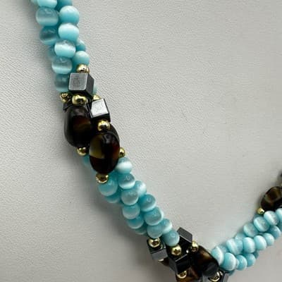 Vintage 90s Aqua Frosted Glass Beaded Layered Necklace Silver Tone Jewelry Boho - Thumbnail 3