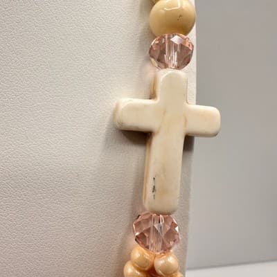Vintage 90s Multi-Strand Necklace Paper Beads Cream Cross Religious Boho Jewelry - Thumbnail 8