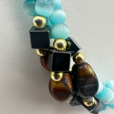 Vintage 90s Aqua Frosted Glass Beaded Layered Necklace Silver Tone Jewelry Boho - Thumbnail 6