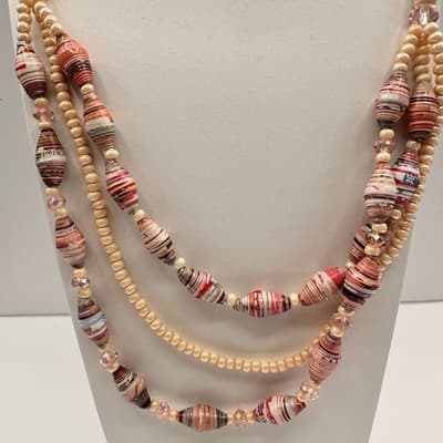 Vintage 90s Multi-Strand Necklace Paper Beads Cream Cross Religious Boho Jewelry - Thumbnail 2