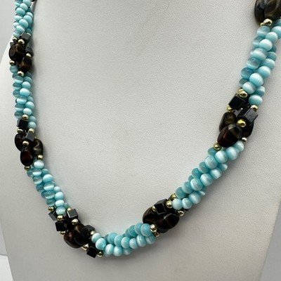 Vintage 90s Aqua Frosted Glass Beaded Layered Necklace Silver Tone Jewelry Boho - Thumbnail 7