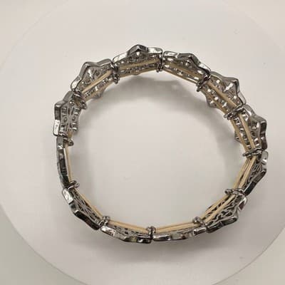 Vintage Y2K Silver Tone Filigree Stretch Link Bracelet Clear Rhinestone Jewelry - Thumbnail 4