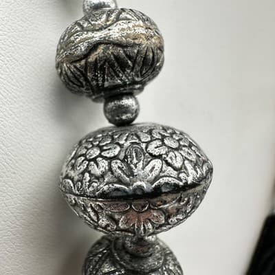 Vintage 90s Multi Strand Black Necklace Floral Beads Silver Tone Women's Jewelry - Thumbnail 6