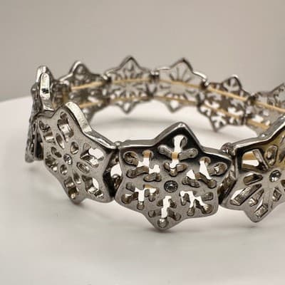 Vintage Y2K Silver Tone Filigree Stretch Link Bracelet Clear Rhinestone Jewelry - Thumbnail 2