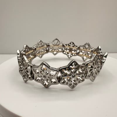 Vintage Y2K Silver Tone Filigree Stretch Link Bracelet Clear Rhinestone Jewelry - Thumbnail 9