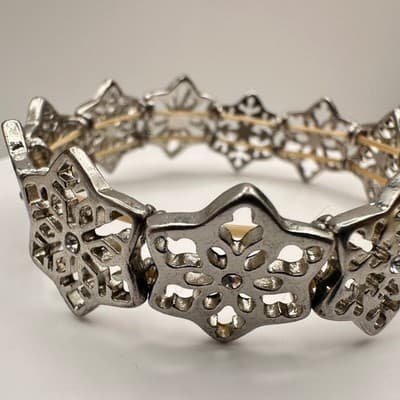 Vintage Y2K Silver Tone Filigree Stretch Link Bracelet Clear Rhinestone Jewelry - Thumbnail 8