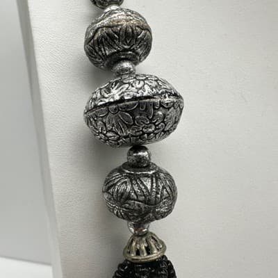 Vintage 90s Multi Strand Black Necklace Floral Beads Silver Tone Women's Jewelry - Thumbnail 5