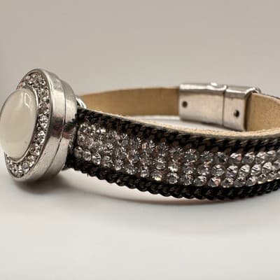 Vintage 90s Silver Tone Crystal Leather Bracelet Round Cabochon Statement - Thumbnail 5