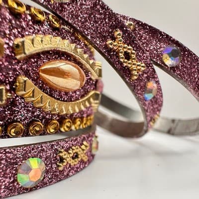 Vintage 90s Pink Glitter Bangle Bracelet Set Rhinestone Boho Women's Jewelry - Thumbnail 8