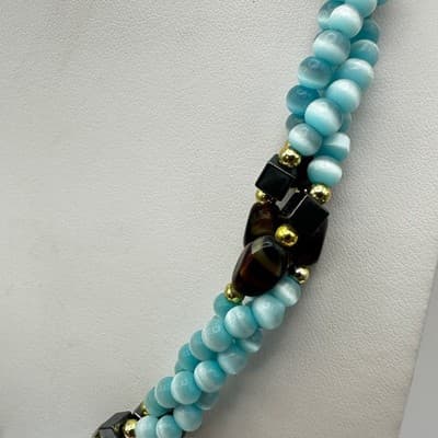 Vintage 90s Aqua Frosted Glass Beaded Layered Necklace Silver Tone Jewelry Boho - Thumbnail 8