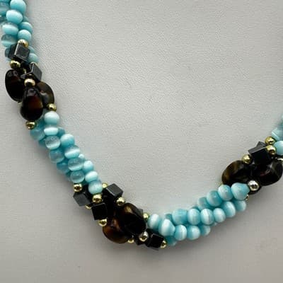 Vintage 90s Aqua Frosted Glass Beaded Layered Necklace Silver Tone Jewelry Boho - Thumbnail 2