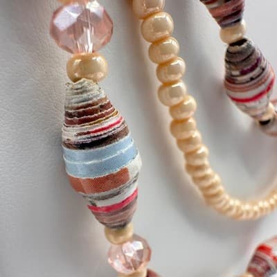 Vintage 90s Multi-Strand Necklace Paper Beads Cream Cross Religious Boho Jewelry - Thumbnail 6