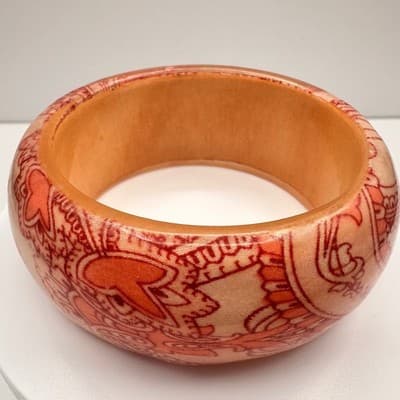 Vintage 90s Paisley Decoupage Wooden Bangle Bracelet Wide Statement Jewelry - Thumbnail 3