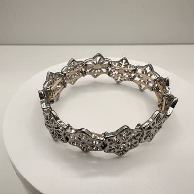 Vintage Y2K Silver Tone Filigree Stretch Link Bracelet Clear Rhinestone Jewelry - Thumbnail 10