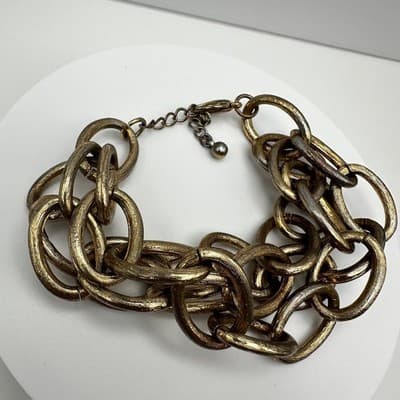 Vintage 80s Gold Tone Chunky Oval Trio-Strand Link Chain Hand Bracelet Jewelry - Thumbnail 2