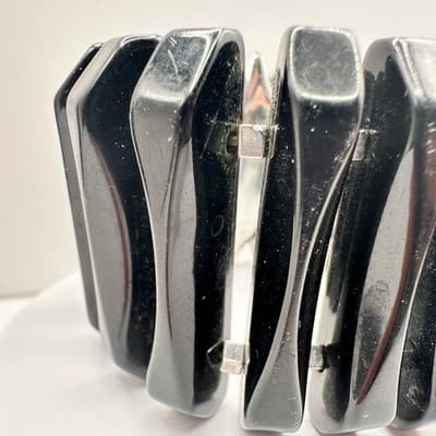 Vintage 80s 90s Black Beaded Stretch Bracelet Silver Tone Spacer Chunky Jewelry - Thumbnail 5