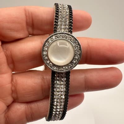 Vintage 90s Silver Tone Crystal Leather Bracelet Round Cabochon Statement - Thumbnail 9