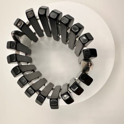Vintage 80s 90s Black Beaded Stretch Bracelet Silver Tone Spacer Chunky Jewelry - Thumbnail 9