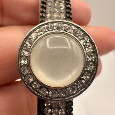 Vintage 90s Silver Tone Crystal Leather Bracelet Round Cabochon Statement - Thumbnail 10