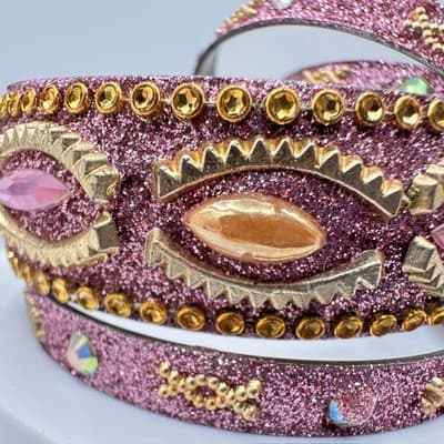 Vintage 90s Pink Glitter Bangle Bracelet Set Rhinestone Boho Women's Jewelry - Thumbnail 4