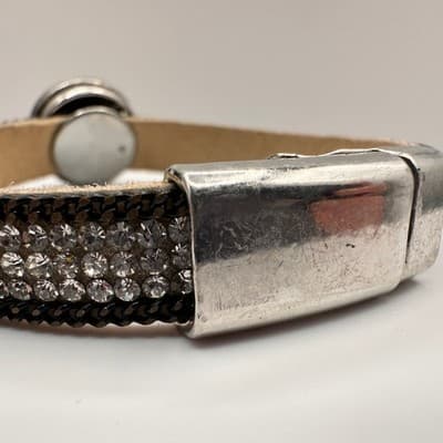 Vintage 90s Silver Tone Crystal Leather Bracelet Round Cabochon Statement - Thumbnail 7