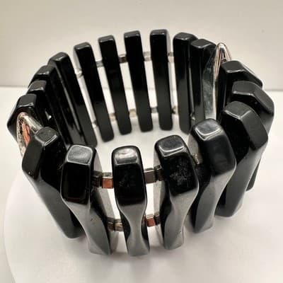 Vintage 80s 90s Black Beaded Stretch Bracelet Silver Tone Spacer Chunky Jewelry - Thumbnail 11