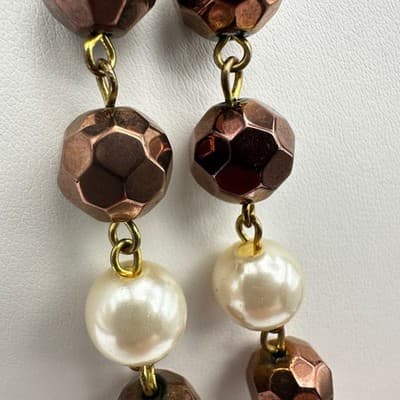 Vintage 90s White Faceted Bronze Bead Pearl Double Strand Necklace Jewelry - Thumbnail 8