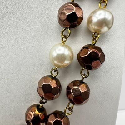 Vintage 90s White Faceted Bronze Bead Pearl Double Strand Necklace Jewelry - Thumbnail 7