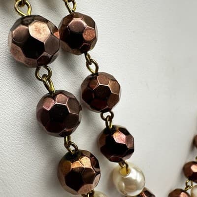 Vintage 90s White Faceted Bronze Bead Pearl Double Strand Necklace Jewelry - Thumbnail 9