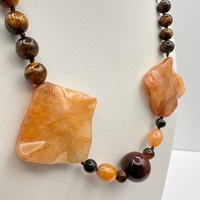 Vintage 80s Chunky Agate Tiger Stone Bead Statement Necklace Women's Jewelry Y2K - Thumbnail 10