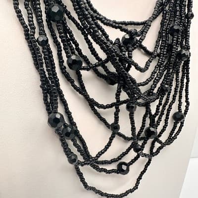 Vintage 90s Layering Black Seed & Faceted Glass Bead Cascade Necklace Jewelry - Thumbnail 3