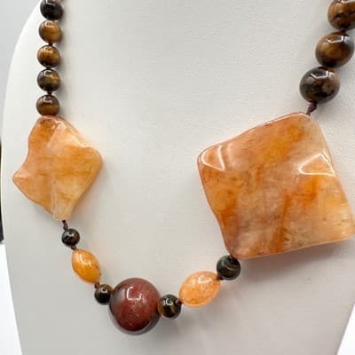 Vintage 80s Chunky Agate Tiger Stone Bead Statement Necklace Women's Jewelry Y2K - Thumbnail 11
