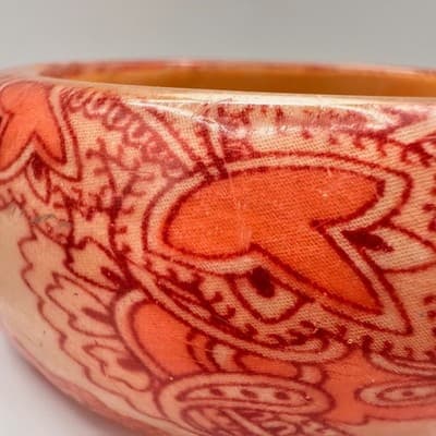 Vintage 90s Paisley Decoupage Wooden Bangle Bracelet Wide Statement Jewelry - Thumbnail 7