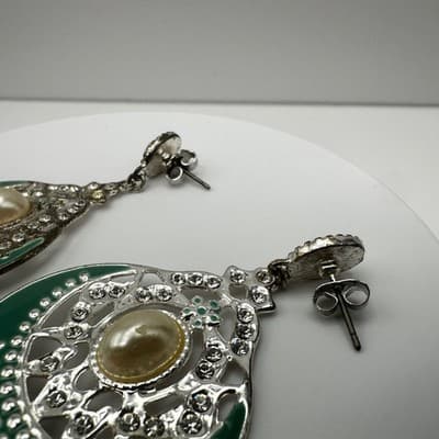 Vintage 90s Green Enamel Dangle Earrings Faux Pearl Silver Tone Women's Jewelry - Thumbnail 10