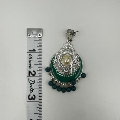 Vintage 90s Green Enamel Dangle Earrings Faux Pearl Silver Tone Women's Jewelry - Thumbnail 12