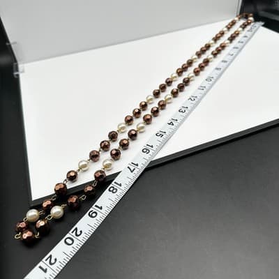 Vintage 90s White Faceted Bronze Bead Pearl Double Strand Necklace Jewelry - Thumbnail 13